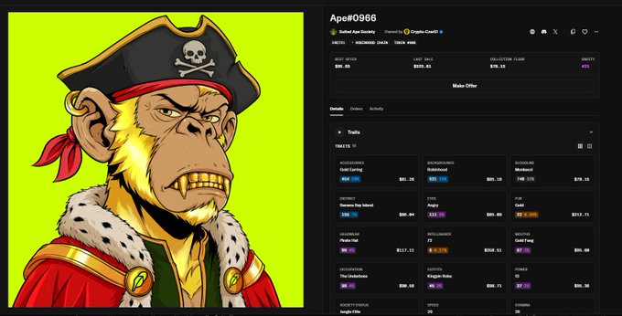 A cryptocurrency tracking interface displays a Bored Ape-style pirate monkey NFT alongside detailed trading data for token "Ape#0966," showing best/last bids and asks of $91.46 and $151.81.