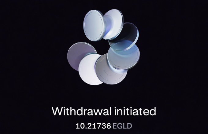 A digital graphic showing falling silver coins against a dark background with text reading 'Withdrawal initiated' and '10.21736 EGLD'.