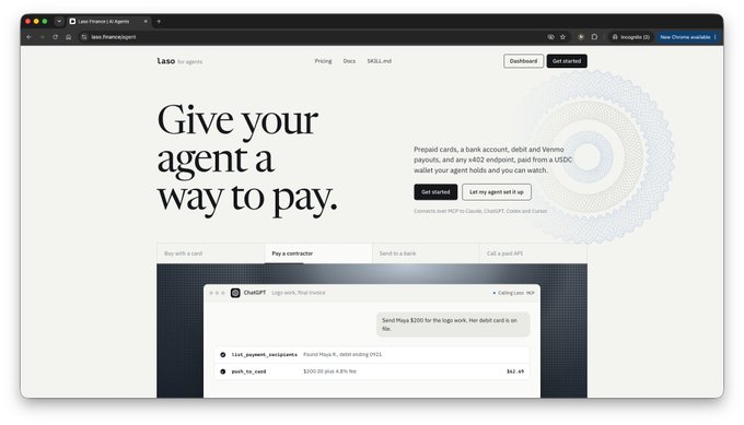 A screenshot of a website for 'laso' with the headline 'Give your agent a way to pay,' featuring payment options like prepaid cards and crypto.