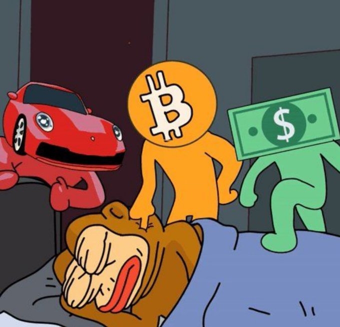 A cartoon depicts a person looking tired in bed while being woken up by three anthropomorphic characters: a red car, an orange Bitcoin (₿) figure, and a green dollar ($) bill. The image humorously illustrates the post's caption "They wake me up everyday," referencing how daily cryptocurrency and stock market movements constantly demand attention from investors.