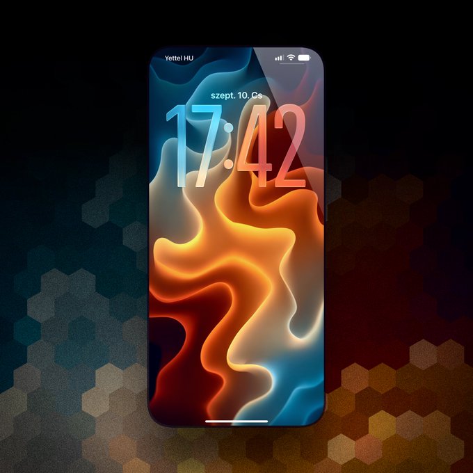 An iPhone lock screen wallpaper featuring abstract flowing orange and blue waves, displaying the time '17:42' and date 'szept. 10, Cs' (September 10, Tuesday in Hungarian) on a honeycomb background.