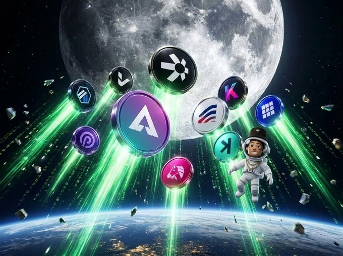 A futuristic 3D graphic showing various cryptocurrency logos flying through space with green light trails, an astronaut, and a large moon in the background.