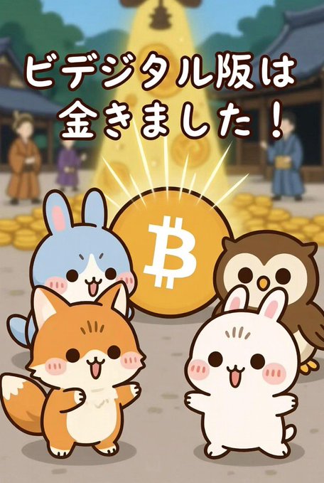 A cartoon illustration shows four cute animal characters (a blue bunny, orange fox, white bunny, and brown owl) standing in front of a pile of gold coins with a Bitcoin logo glowing in the center, while people in traditional Japanese attire stand in the background. The Japanese text reads "デジタル版は金きました!" (roughly "The digital version has surpassed gold!"), visually reinforcing the post's message that Bitcoin represents a superior, digital evolution of gold as a store of value and potential global reserve asset.