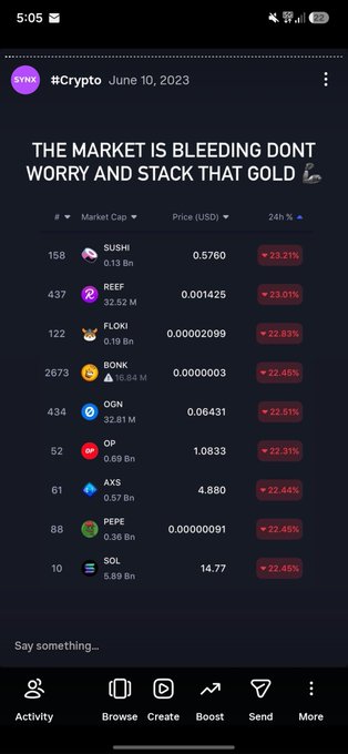 The image shows a screenshot of a cell phone screen displaying a cryptocurrency trading app, which has a list of various cryptocurrencies along with their prices. The app also provides information about buying Bitcoin or other cryptocurrencies at different price points. The text on the screen reads "The market is bleeding don't worry and stack that gold" and there are multiple options for buying Bitcoins in the app.