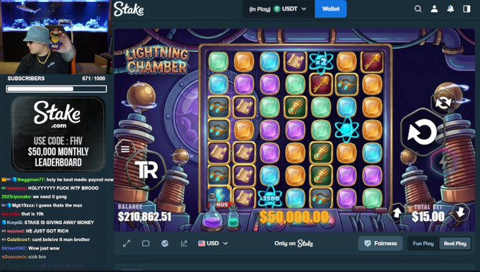 A streamer on Stake is shown playing the "Lightning Chamber" slot game with a balance of $210,862.51, displaying a $50,000.00 win on screen and a chat message reading "FHV $50,000 MONTHLY LEADERBOARD," matching the accompanying post celebrating the $50,000 max win and $10,000 tip to a viewer.