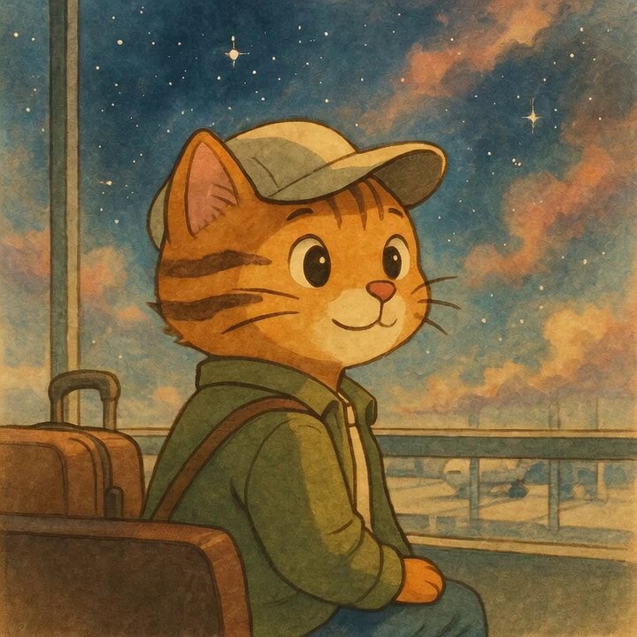 The image features a cat wearing a hat, sitting next to a suitcase with its paw resting on top of it. The background shows a sky filled with stars, giving the impression that they are in outer space or at least near an airport. The caption reads "Cosmic chill: standard adventure mode. $CWIF". This suggests that the image is part of a series or collection and might be related to travel or adventures involving the cat wearing a hat while sitting next to luggage.