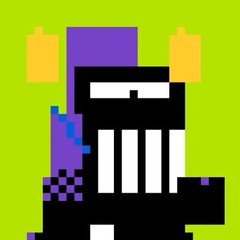 A simple pixel art character standing against a bright green background, featuring a black body with a white eye, purple details, and yellow horn-like shapes.