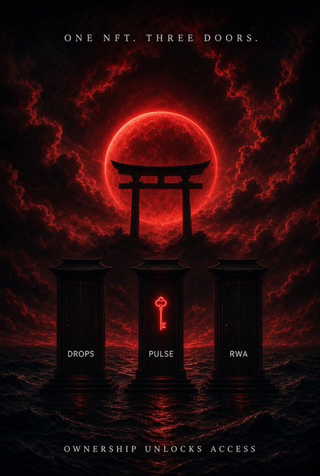 A dramatic red-toned poster featuring a torii gate silhouetted against a blood moon, with three doors below labeled "DROPS," "PULSE," and "RWA," captioned "ONE NFT. THREE DOORS." and "OWNERSHIP UNLOCKS ACCESS." The imagery visually reinforces the post's message that the NFT acts as a key unlocking three tiers of access—staking for Drops, creating for Pulse, and RWA for real-world business returns.