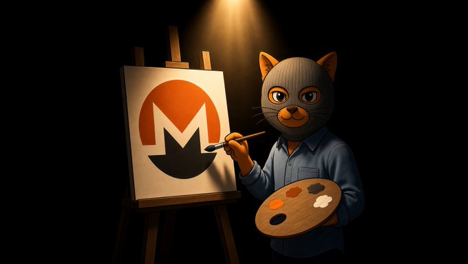 A digital illustration shows an anthropomorphic gray cat wearing a blue shirt, holding a palette and paintbrush while painting an orange circle with an 'M' shape on a canvas easel against a black background.
