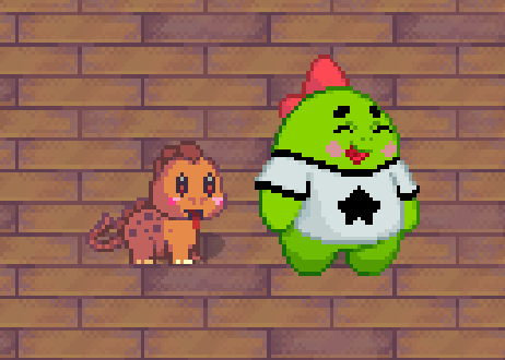 A pixel art scene featuring a small orange dinosaur-like creature and a green, round character wearing a white shirt with a black club symbol and a red bow, set against a brick wall background.