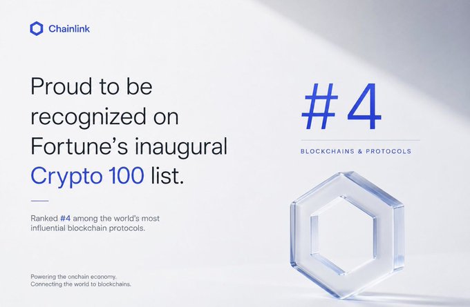 A minimalist announcement from Chainlink declaring '#4 BLOCKCHAINS & PROTOCOLS' recognition on Fortune's inaugural Crypto 100 list, featuring a hexagonal crystal trophy.