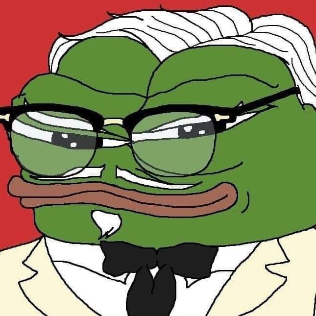 A cartoon Pepe the Frog wearing black-rimmed glasses, a white suit jacket, and a black bow tie against a red background.