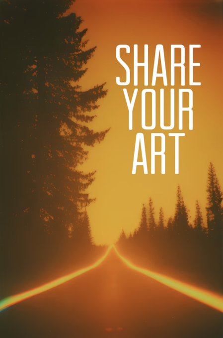 Artwork showing a silhouetted forest scene with a glowing orange/yellow road, featuring the text 'SHARE YOUR ART' in large white letters.