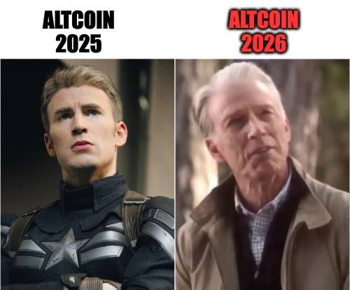 A meme comparing "ALTCOIN 2025" (showing Captain America/Chris Evans) to "ALTCOIN 2026" (showing an elderly man), suggesting the cryptocurrency market's decline.