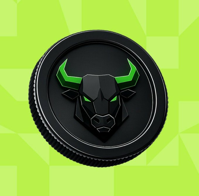 A black circular coin or emblem featuring a geometric bull's head with neon green horns and eyes, set against a bright green pixelated background.