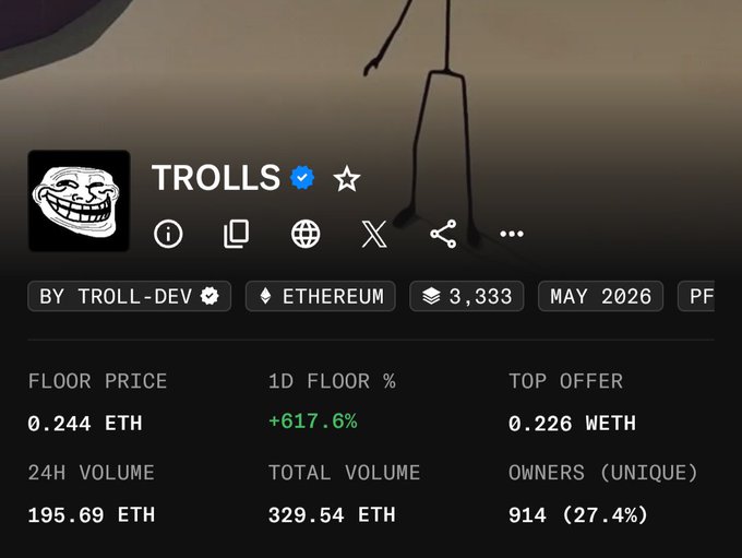 The image shows a post that says "As long as I didn't mint it, it has every right to pump. Send it to 1ETH". The title of this post is "Trolls", which refers to the content being discussed in the image. It appears that there are discussions about floor prices and offers for a product on an eBay marketplace called "Troll".