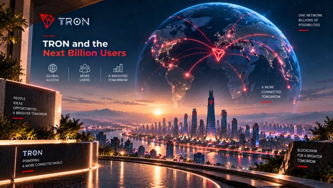 Promotional graphic for the TRON blockchain platform titled "TRON and the Next Billion Users," showing a globe with red connection lines over a futuristic cityscape, with text including "GLOBAL ACCESS," "MORE USERS," "A BRIGHTER TOMORROW," and "ONE NETWORK BILLIONS OF POSSIBILITIES."