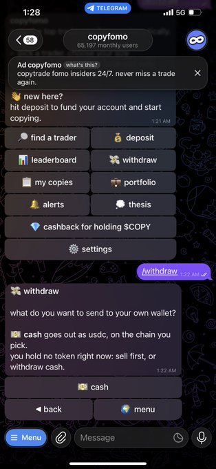 A Telegram bot interface for 'copyfomo' showing 65,197 monthly users, displaying a withdrawal process menu where the user is prompted to send cash to their wallet.