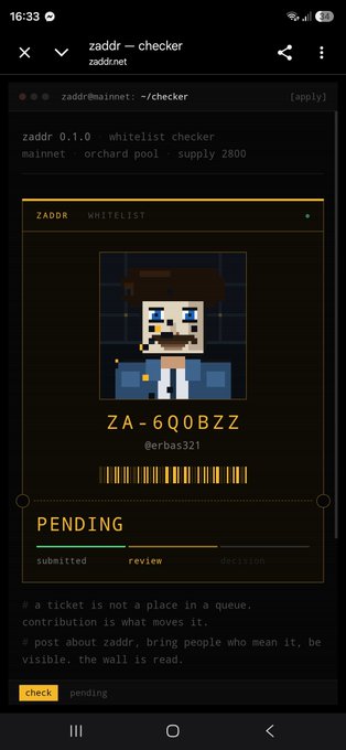 Mobile screenshot of zaddr — checker showing a pending ZADDOR whitelist submission for address ZA-6Q0BZZ (@erbas321) on the Orchard pool with supply 2800.