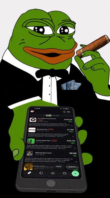 The image features a green frog wearing a suit, holding a cell phone with an app displayed on the screen that reads "Focus on what is in the image and how it relates to the post". The text suggests that the frog might be interested in or aware of the meme about pumping up someone's mood.