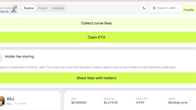 The image shows a crypto dashboard interface with "Collect curve fees" and "Claim ETH" buttons, along with a "Holder fee sharing" section featuring a "Share fees with holders" button. At the bottom, a token called "RAJ" (Pajet ETH) is displayed with a price of $0.000004, market cap of $4,179.40, price in ETH of 0, and market listed as "Bonding curve," with the connected wallet shown as "0xec7e...dbfe." The interface relates to the post by illustrating the crypto platform where the user can claim free tokens like the $24 USDT mentioned, as the "Claim ETH" and "Collect curve fees" buttons enable users to convert earned fees into cryptocurrency rewards.