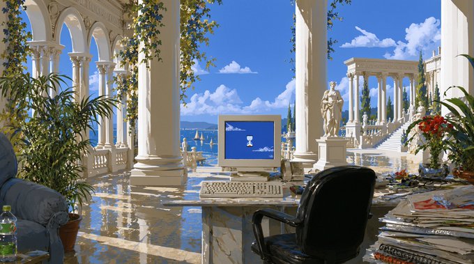 The image depicts an opulent seaside villa with classical architecture, featuring a desk overlooking a Mediterranean coastline with sailboats, accompanied by an old computer displaying a trophy icon amid scattered papers—evoking a sense of triumph and celebration. This scene reflects the artist's elation over the successful Panorama Season II auction, which closed with 304 bids and a clearing price of 0.22 ETH, with standout high-conviction bids of 10 ETH marking the achievement.