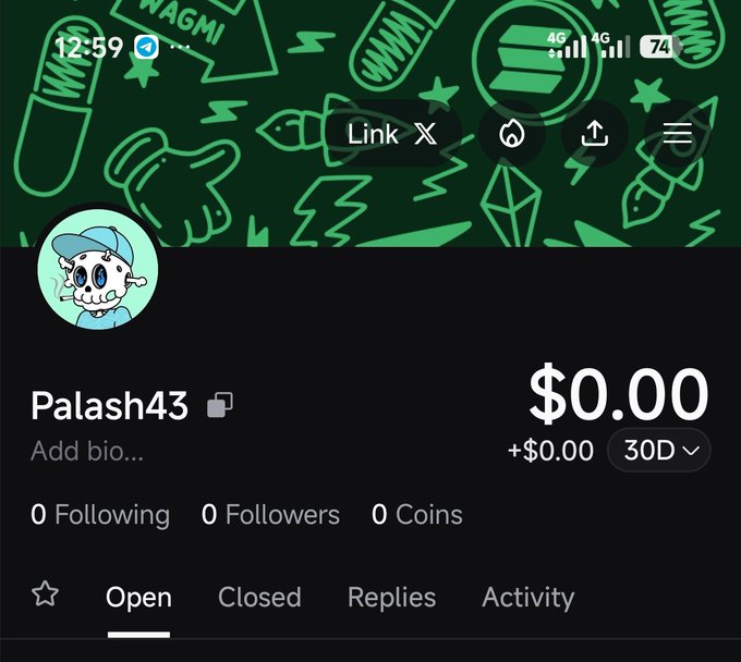 A profile page for user 'Palash43' showing $0.00 earnings, 0 following, 0 followers, and 0 coins, with a cartoon skull avatar and green rocket background.