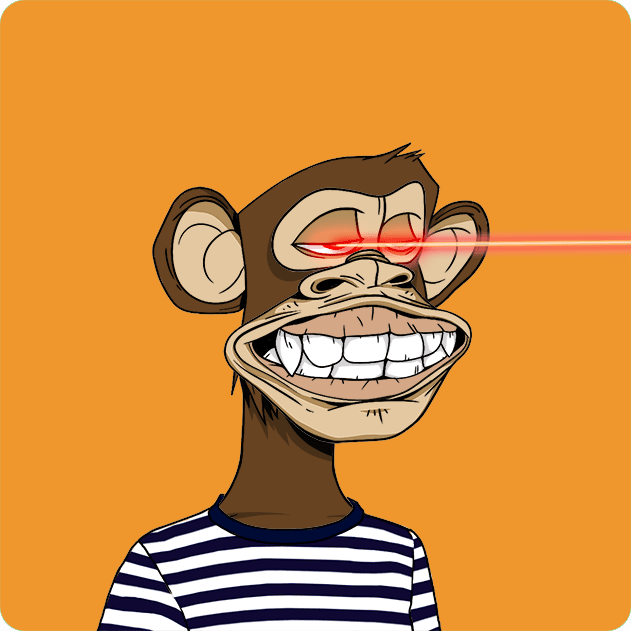 urn monkey with red eyes and a big smile, wearing a blue and white striped shirt against an orange background.