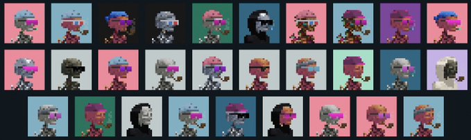A pixel art sprite sheet displays multiple character variations of a figure wearing a futuristic helmet and visor, arranged in rows against various colored backgrounds.