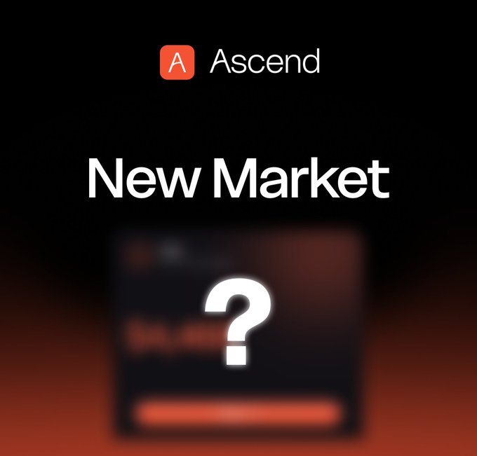 The image is a promotional teaser from Ascend featuring the "New Market" announcement with a blurred card displaying a question mark, building anticipation for the upcoming market reveal teased in the post as something older than Bitcoin.