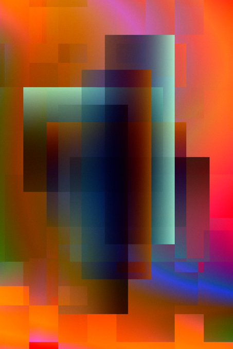 An abstract digital composition of overlapping, semi-transparent rectangular blocks in vibrant shades of red, orange, blue, and green.