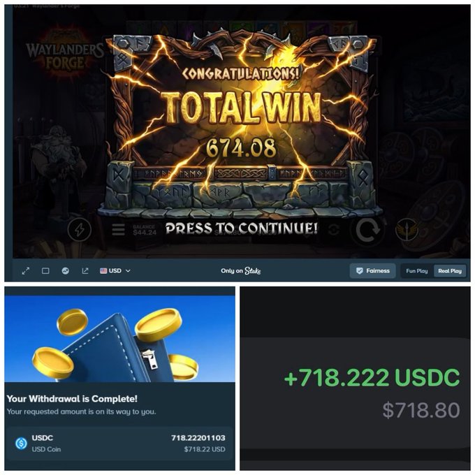 A composite of three screenshots showing a 'Total Win' of $674.08 on the Waylanders Forge slot game, a withdrawal confirmation of 718.22201103 USDC ($718.22 USD), and a balance display showing +718.222 USDC / $718.80.