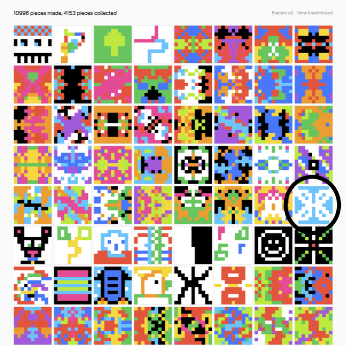 A grid of colorful pixel art pieces on a platform, showing '10996 pieces made, 4153 pieces collected' with one piece highlighted by a black circle.