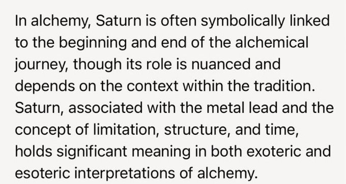 The image contains a text excerpt discussing Saturn's symbolic role in alchemy, noting its associations with lead, limitation, structure, and time at both the beginning and end of the alchemical journey. 

The caption cleverly plays on alchemical symbolism—Saturn (lead) represents the "beginning" (Sats/Satoshi/Bitcoin) and the "end" (Stellar), suggesting that despite Stellar's ambitious name, the alchemical journey of crypto may prove limiting or cyclical, ending where it began.