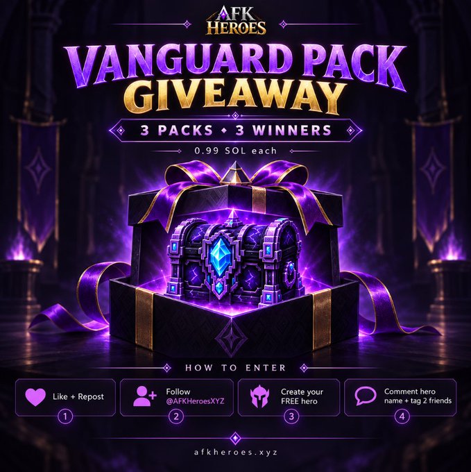 A promotional graphic for an 'AFK Heroes' Vanguard Pack Giveaway, featuring entry steps and a prize chest.