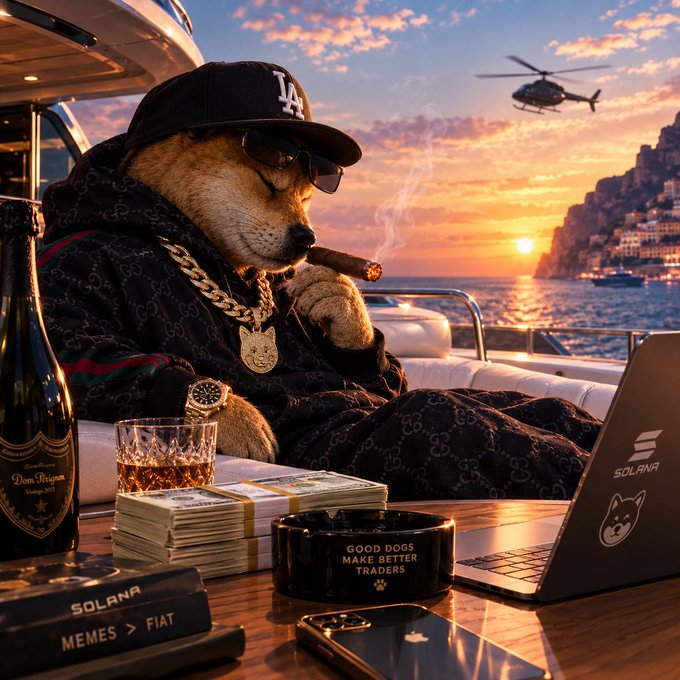 A stylized image of an anthropomorphic dog wearing an LA Dodgers cap, sunglasses, and gold chains, smoking a cigar on a yacht at sunset with stacks of cash, a whiskey glass, Dom Pérignon, and a laptop displaying 'SOLANA' with slogans like 'GOOD DOGS MAKE BETTER TRADERS' and 'MEMES > FIAT'.