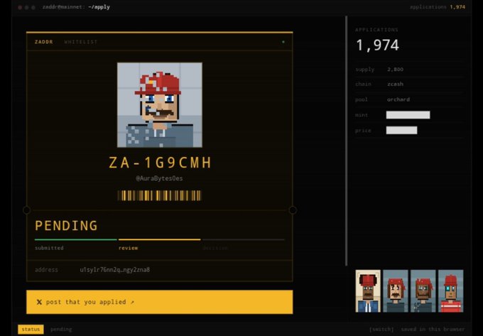 A dark-themed web interface for 'zaddr-the-connect' showing a pending whitelist application for the pixel art NFT 'ZA-1G9CMH' by '@urabytes0es', with 1,974 total applications.
