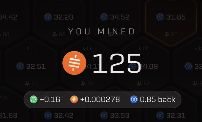 A dark-themed mobile game or app screen displaying 'YOU MINED 125' in large text, with rewards of +0.16, +0.000278, and 0.85 back shown below.