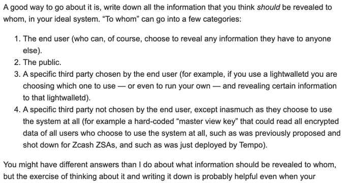 A text excerpt outlining categories for who information should be revealed to in an ideal system, listing numbered points from 'The end user' to 'A specific third party not chosen by the end user,' and mentioning Zcash ZSAs.
