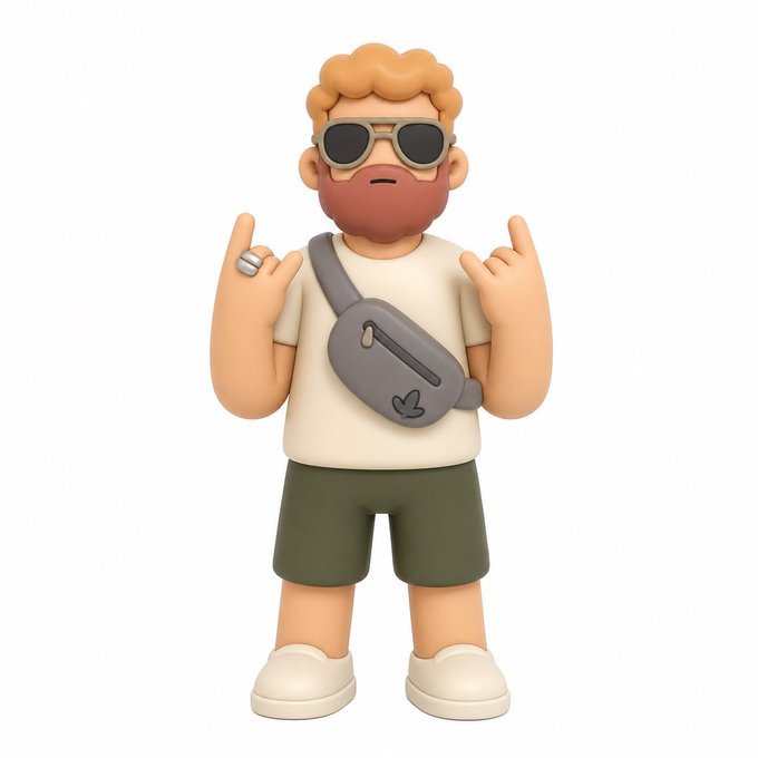 A 3D-rendered cartoon character of a young man with curly blonde hair, sunglasses, and a beard wears a beige t-shirt, olive green shorts, and a gray fanny pack, posing with both middle fingers raised.