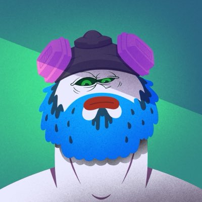 A stylized illustration of an anthropomorphic animal character with white fur, a bright blue beard, an orange nose, and purple headphones or earmuffs on a dark beanie.