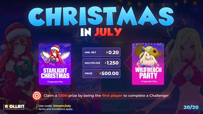 A promotional banner for Rollbit's 'Christmas in July' event featuring 'Starlight Christmas' and 'Wild Beach Party' games, with a minimum bet of $0.20, multiplier of 1.250, and $500 prize, using promo code XmasInJuly.