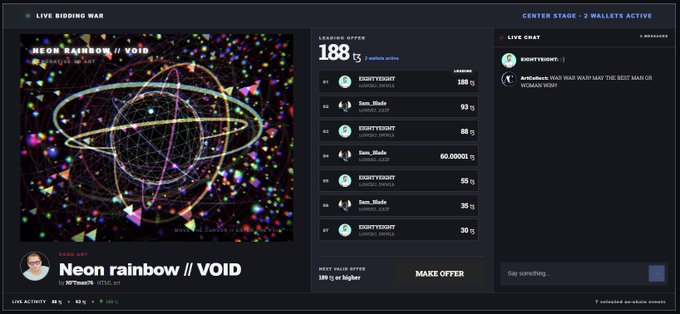 A screenshot of a live bidding war interface on an NFT platform, showing the artwork 'Neon Rainbow // VOID' by NPTown with a leading offer of 188 by EIGHTYEIGHT, and a live chat on the right.