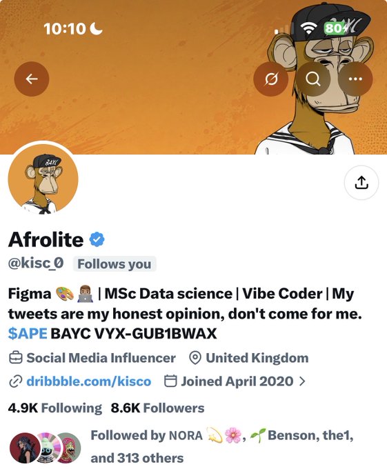 An X/Twitter profile for 'Afrolite' (@kisc), a verified UK-based Social Media Influencer with a Bored Ape avatar, describing themselves as a Figma designer, MSc Data science, and Vibe Coder.