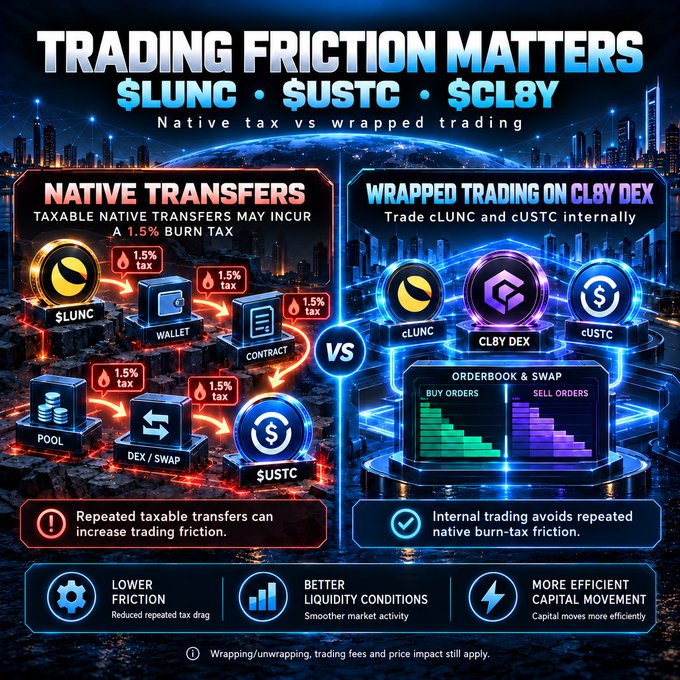 A promotional infographic titled 'TRADING FRICTION MATTERS' comparing native $LUNC and $USTC transfers (with 1.5% burn tax) versus wrapped trading on CL8Y DEX, highlighting lower friction, better liquidity, and more efficient capital movement.