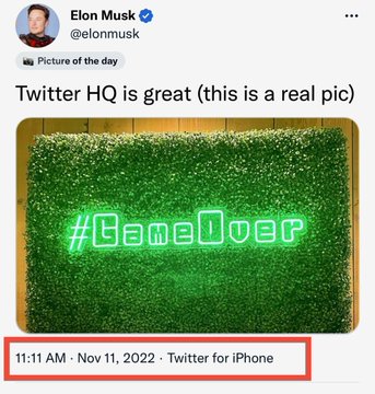 A tweet from Elon Musk (@elonmusk) captioned 'Twitter HQ is great (this is a real pic)' showing a '#GameOver' neon sign on a green hedge wall, posted November 11, 2022 from Twitter for iPhone.