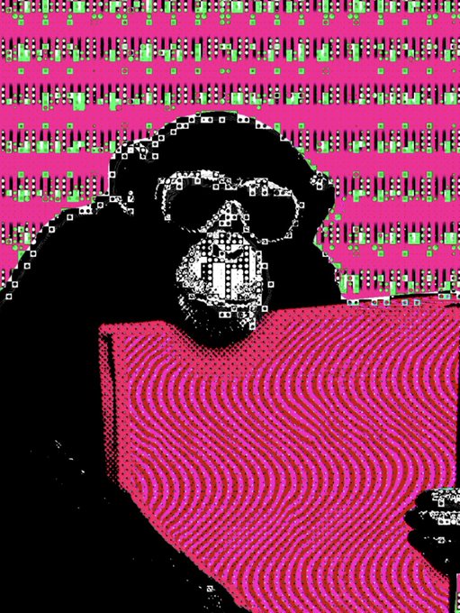 A psychedelic digital artwork featuring a black silhouette figure wearing sunglasses and an open mouth, set against a vibrant pink background with green pixelated patterns at the top.