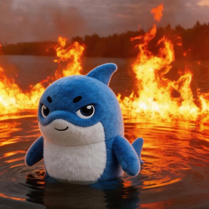 A small, plush blue shark plushie stands calmly in a lake of fire, unfazed by the blazing flames surrounding it. The image perfectly captures the "POV: you survived the dip" sentiment, symbolizing resilience and composure amid market chaos and burning losses.