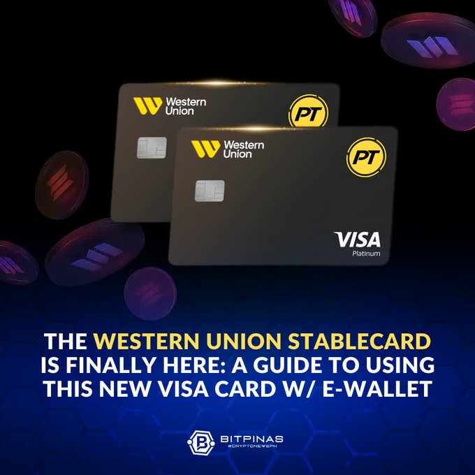 The image showcases two black Western Union Visa Platinum Stablecards against a dark background with floating purple crypto-themed icons, promoting the new e-wallet integration. The text reads "The Western Union Stablecard is finally here: a guide to using this new Visa card w/ e-wallet," highlighting how users can now hold and spend remittances via a globally accepted Visa card without converting to local cash.