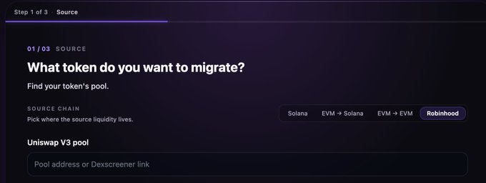 A dark-themed user interface screen titled 'Step 1 of 3 - Source,' asking 'What token do you want to migrate?' with options for Solana, EVM -> Solana, EVM -> EVM, and Robinhood.